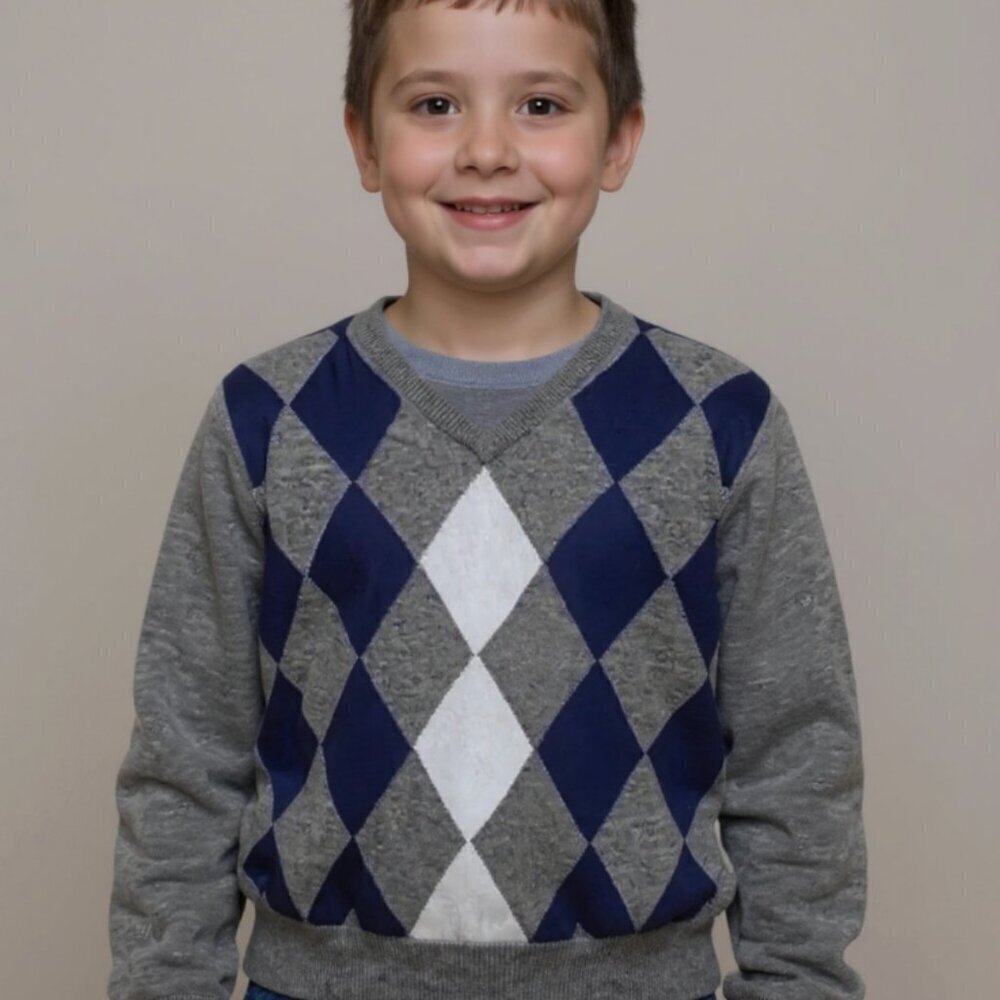 Zara Boys 100% Cotton Argyle V Neck Sweater Blue Gray Pullover 4-5 Preppy